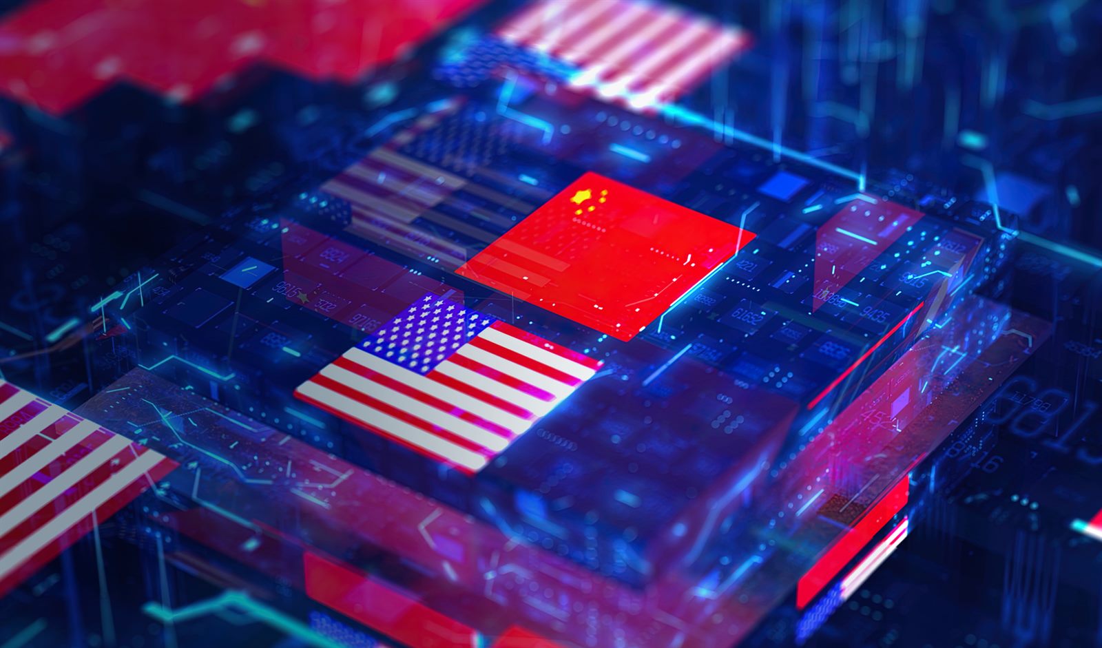 Rows of illuminated server racks inside a large artificial-intelligence data center, receding into the distance