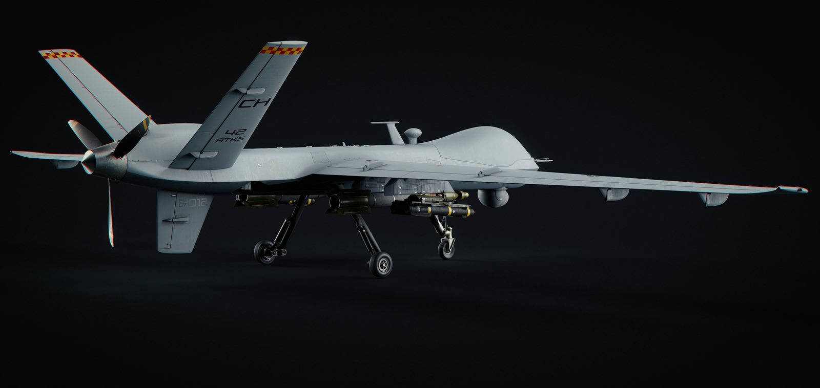 A small first-person-view quadcopter drone hovering low over a scarred, cratered battlefield at dusk
