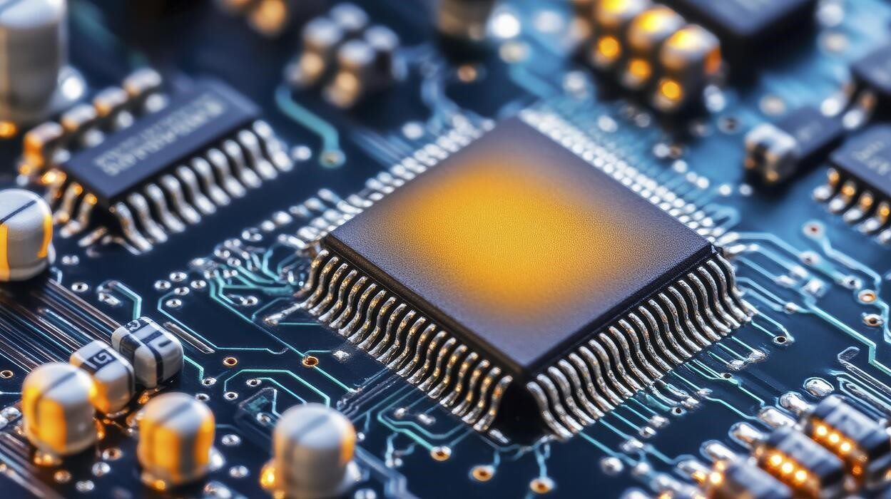 A silicon wafer patterned with hundreds of identical microchips, reflecting light in bands of color
