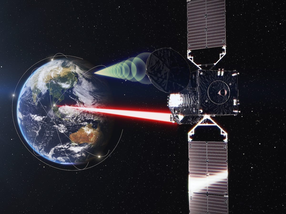 A dense field of small debris fragments and satellites orbiting the Earth, illustrating a crowded low orbit