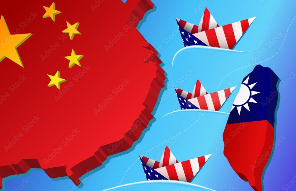 Warships maneuvering in open water in the Taiwan Strait region