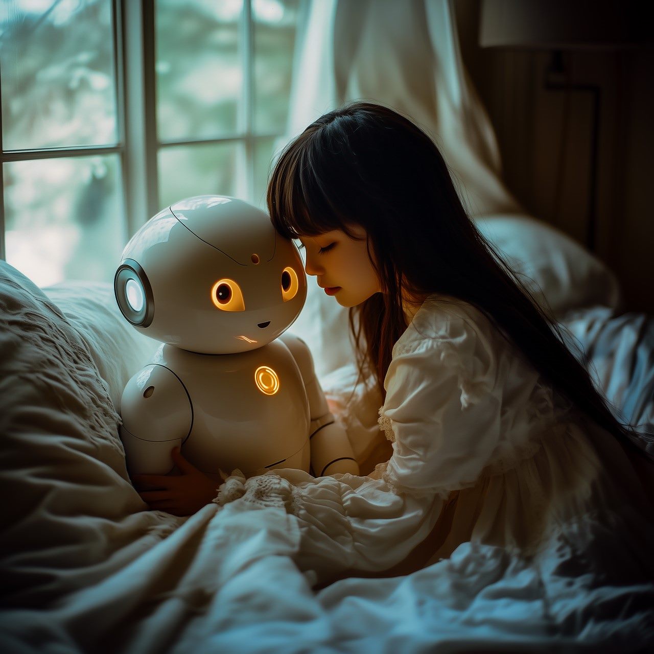 Child sitting beside a Moxie robot companion, both appearing to engage in animated conversation