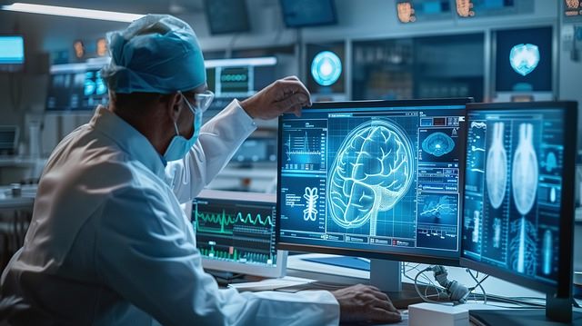 AI diagnostic interface displaying a medical scan with highlighted regions of concern alongside clinical data