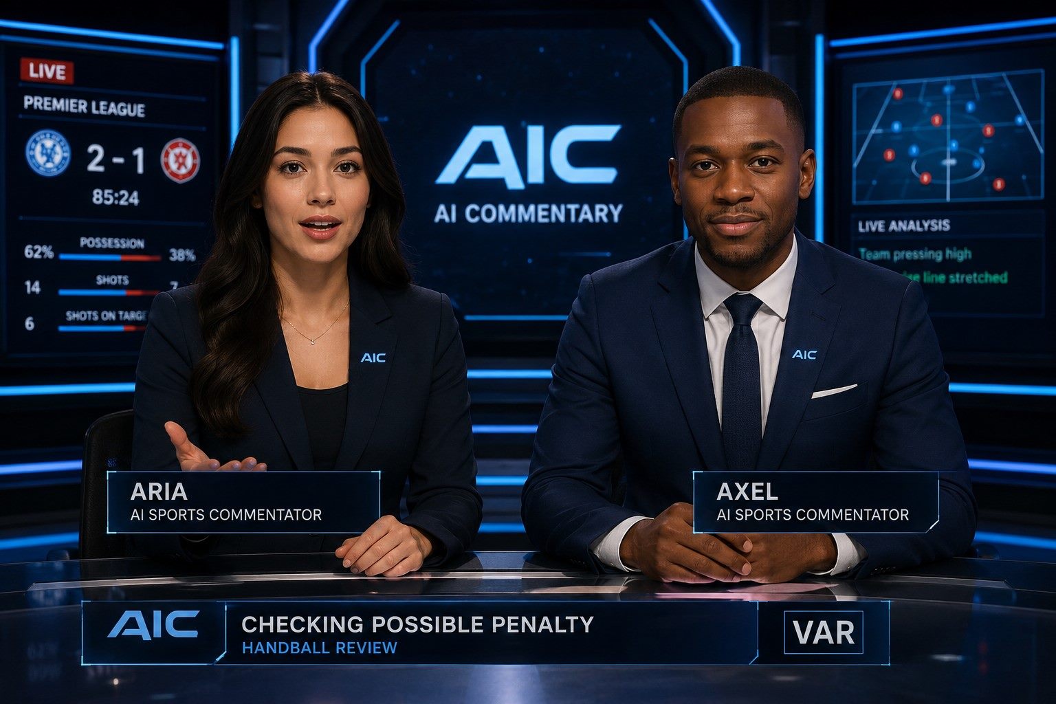 A split screen showing four different living rooms watching the same match, each with a different on-screen commentary style label