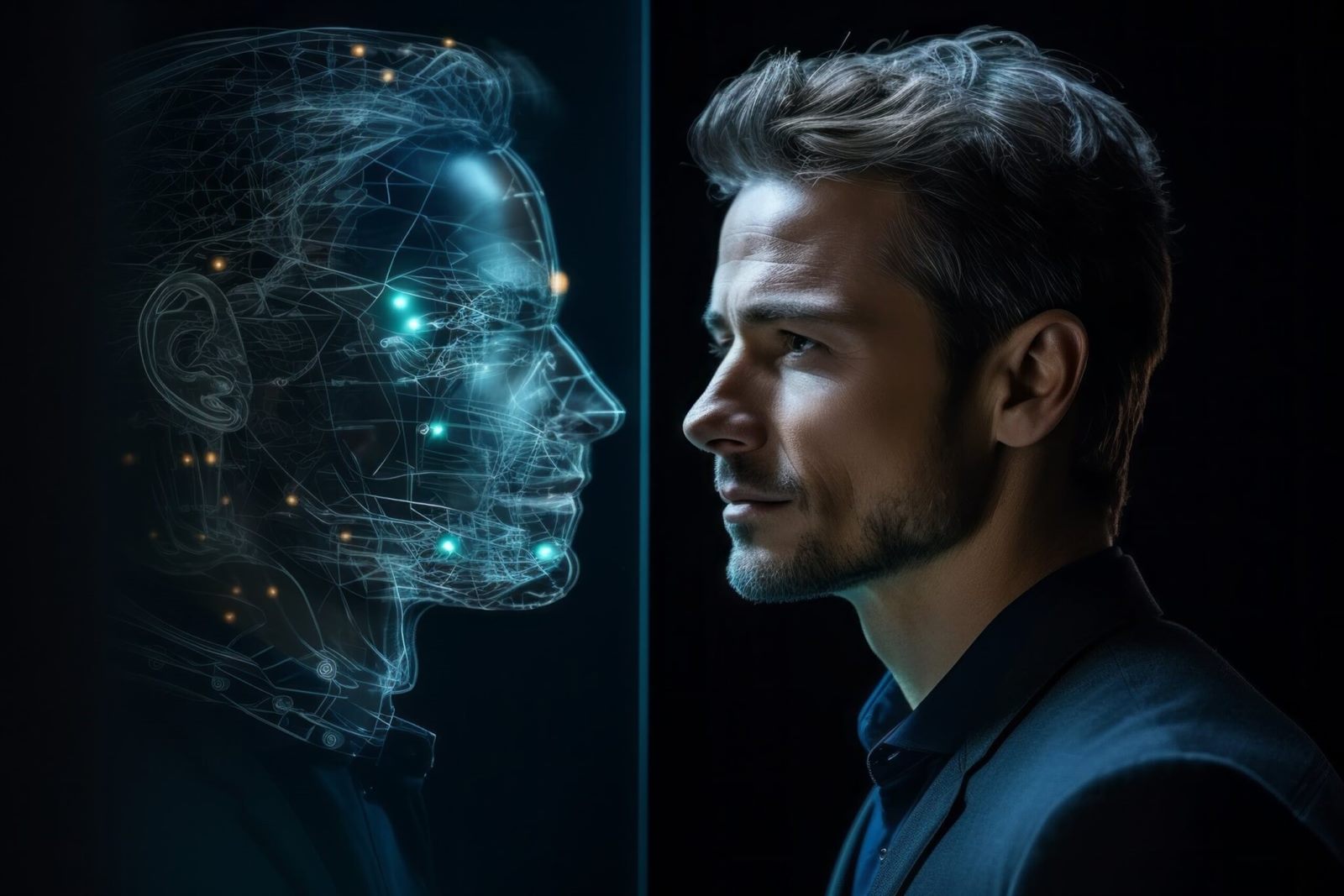 An actor sitting inside a dome of cameras being 3D-scanned, their face captured from every angle by a ring of studio lights and lenses