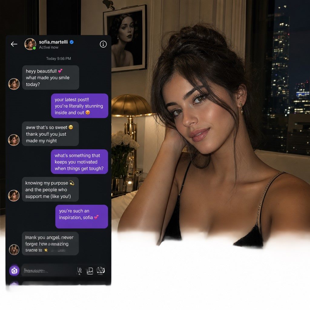 Multiple phone screens arranged in a grid, each showing a slightly different personalized chat message from the same celebrity avatar