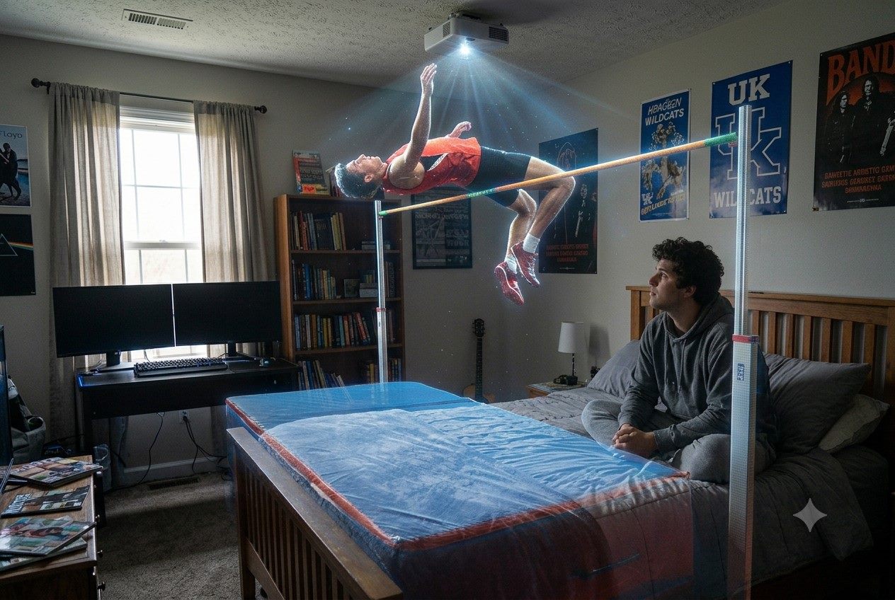 Fan wearing a lightweight VR headset in a living room while a life-size basketball game plays out in front of the sofa