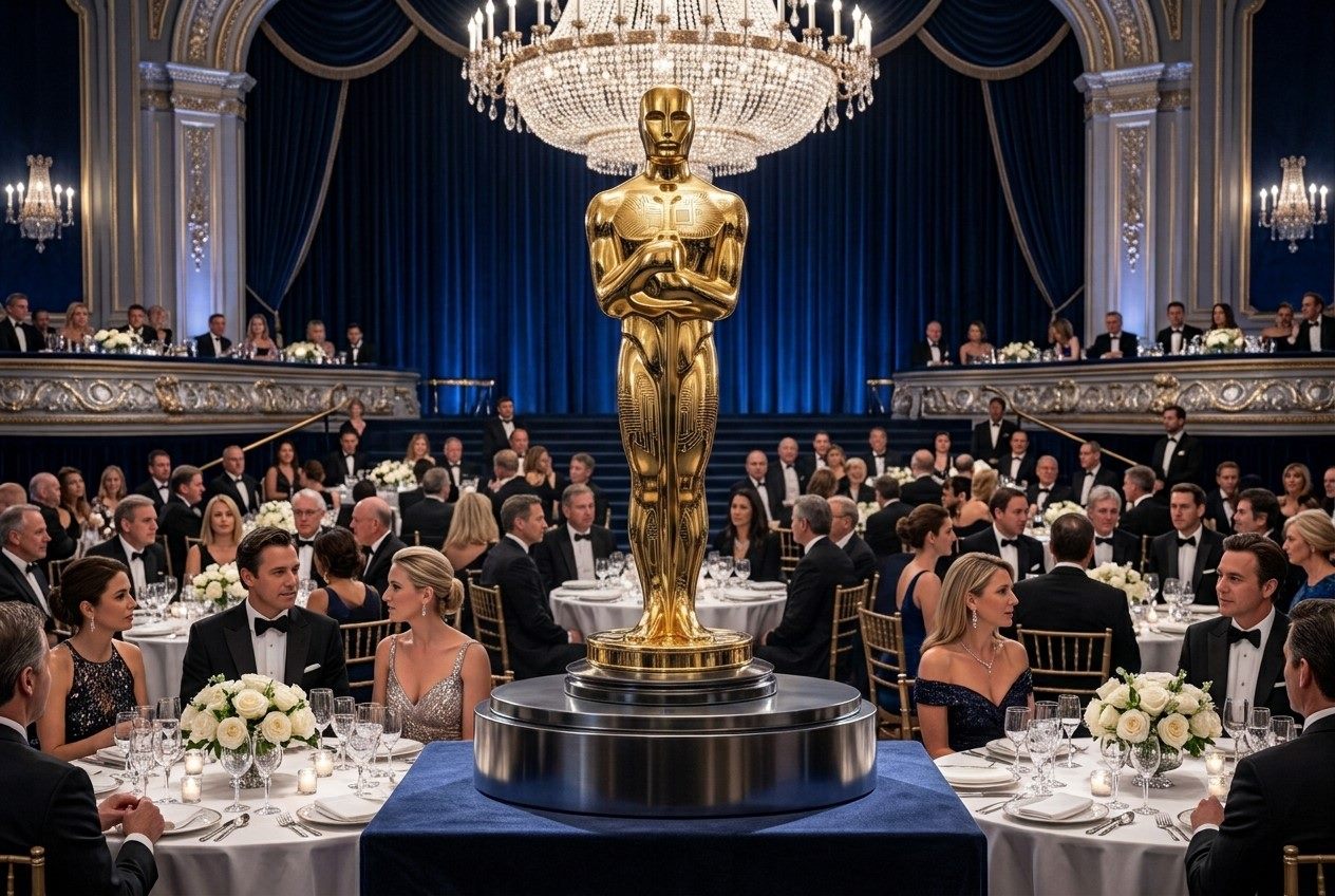 An awards ceremony stage with a golden statuette and a large screen displaying a digital neural-network motif behind the podium