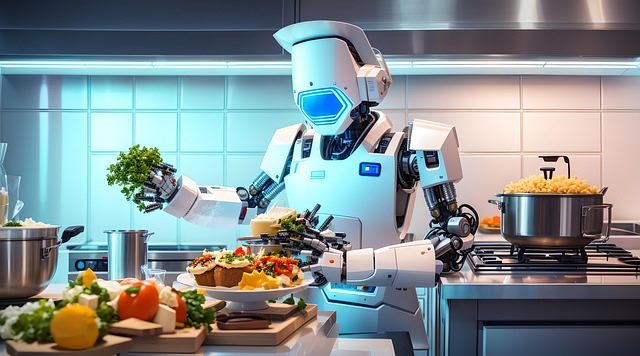 Countertop cooking robot stirring a pan of vegetables in a modern home kitchen while the owner reads nearby