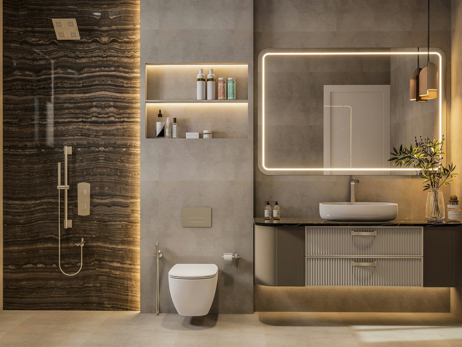 A modern bathroom with a smart mirror displaying subtle health readouts beside a sleek smart toilet