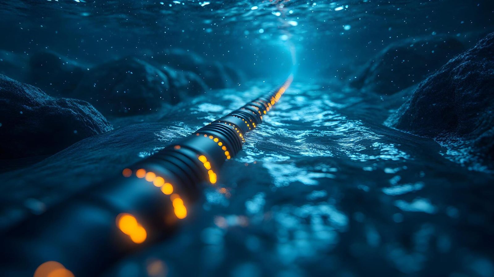 A submarine fibre-optic cable being lowered from a cable-laying ship into a calm grey sea at dawn